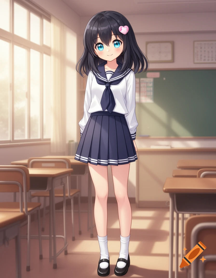 A cute anime girl with dark hair and blue eyes, wearing a school uniform in a classroom.