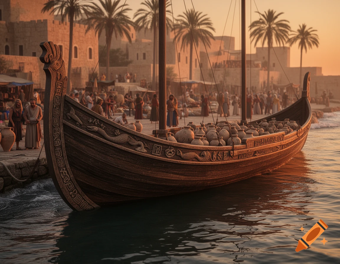 A Phoenician trade ship laden with pots docks at a bustling ancient port with palm trees and sunlit buildings at sunset.
