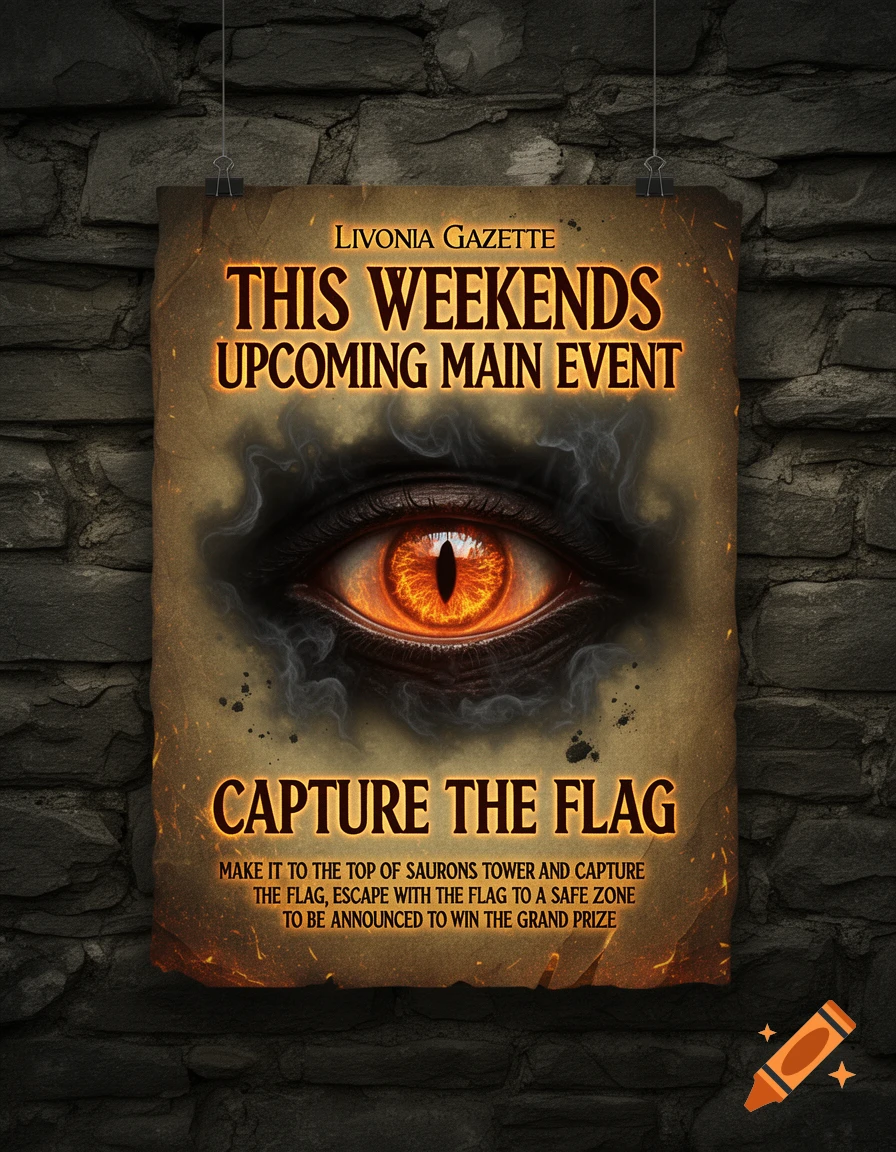 A weathered fantasy poster on a brick wall, featuring a glowing Eye of Sauron and advertising a 'Capture the Flag' event.