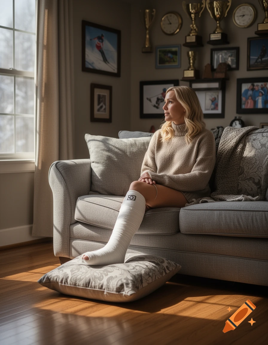 A blonde woman in a beige sweater sits on a couch with her leg in a white cast, looking out a sunlit window.
