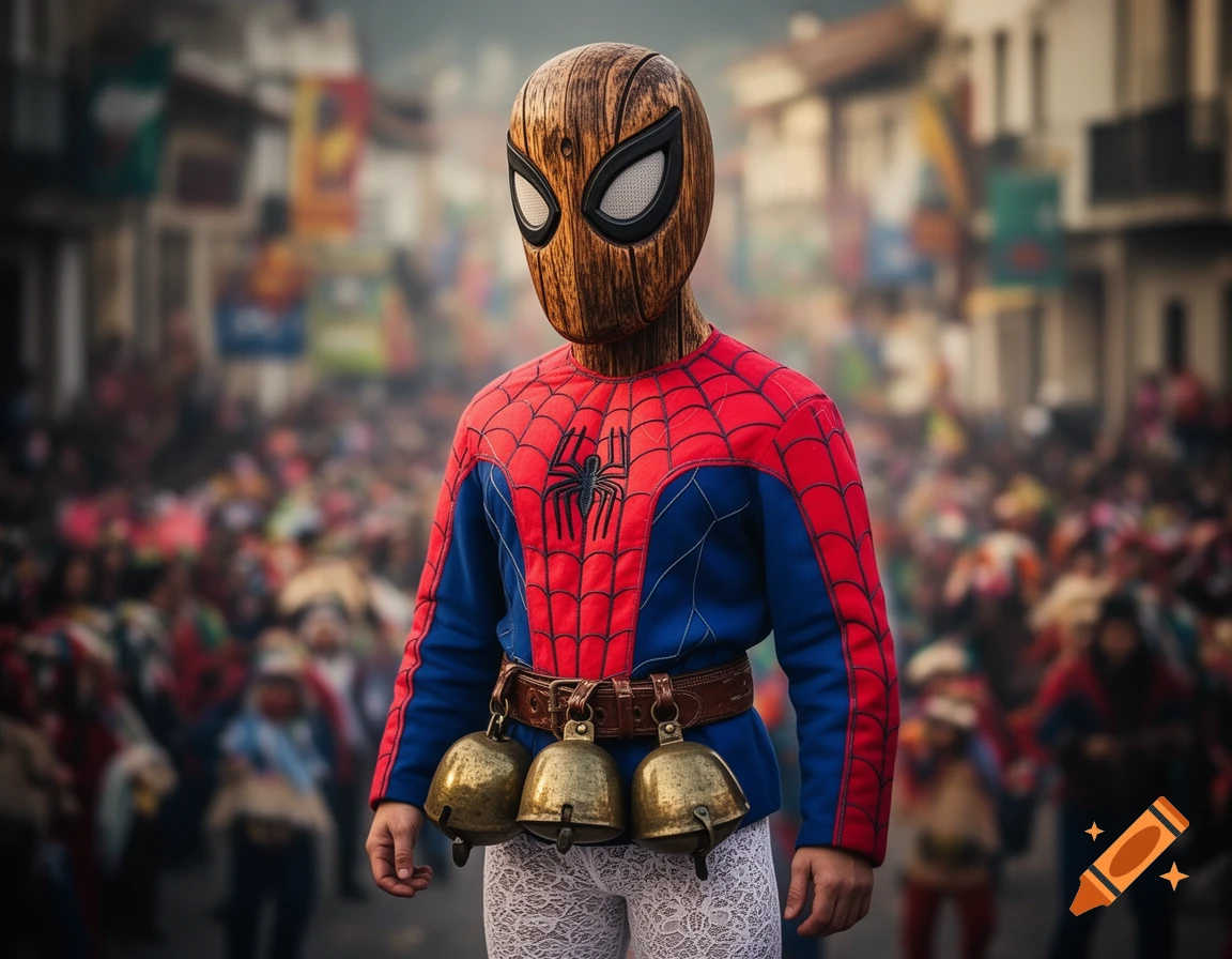 A hyper-realistic image of a person in a Spiderman-Cigarron costume with a wooden mask, bells, and lace leggings at a carnival.