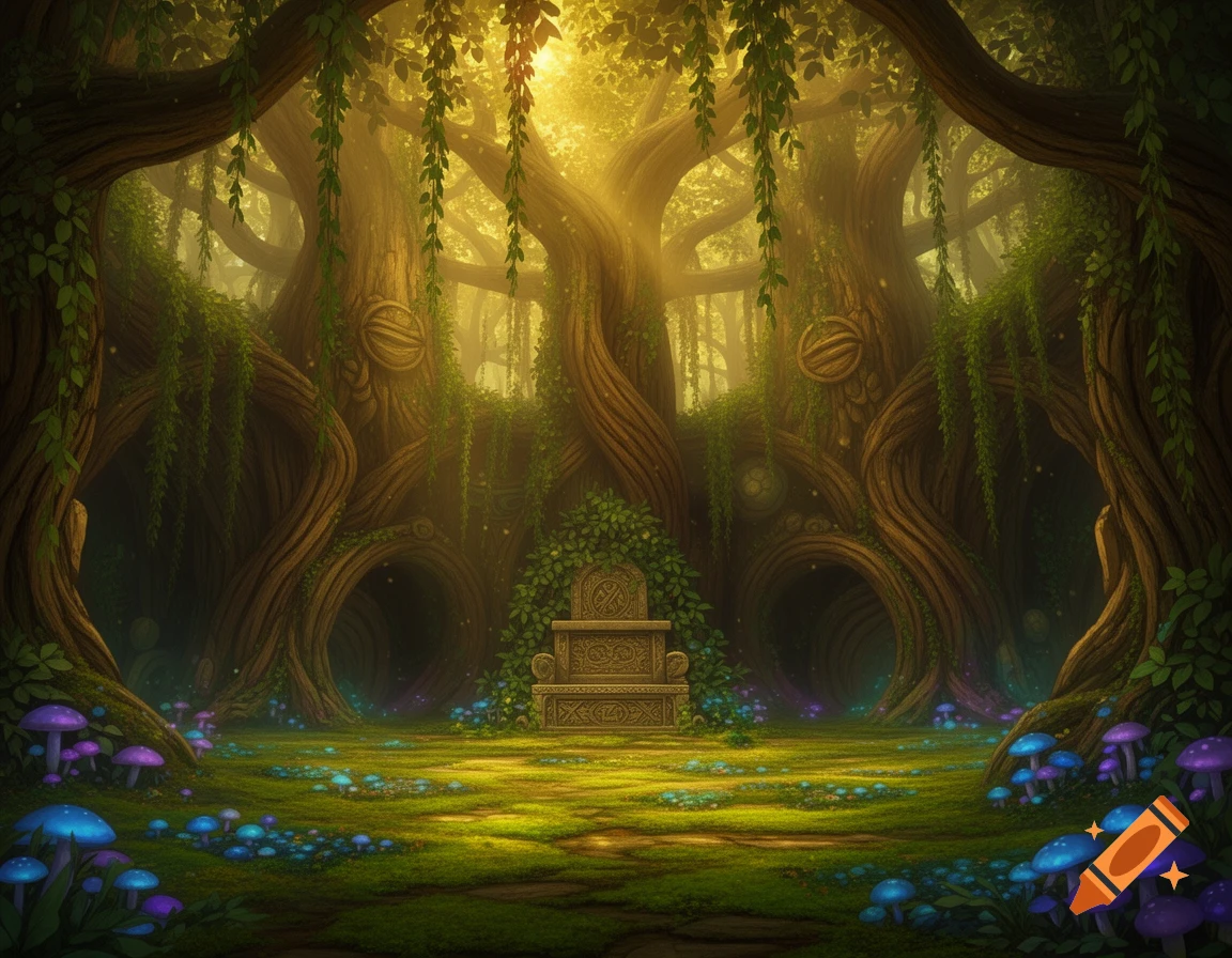 A magical forest clearing with a stone throne, surrounded by gnarled trees, glowing mushrooms, and ethereal light.