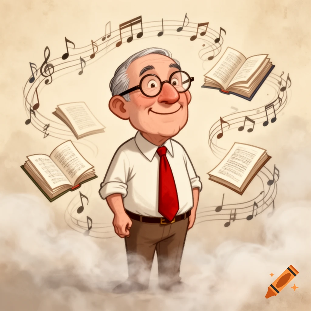 A cartoon man with glasses in a white shirt and red tie smiles, surrounded by floating musical notes and open books.