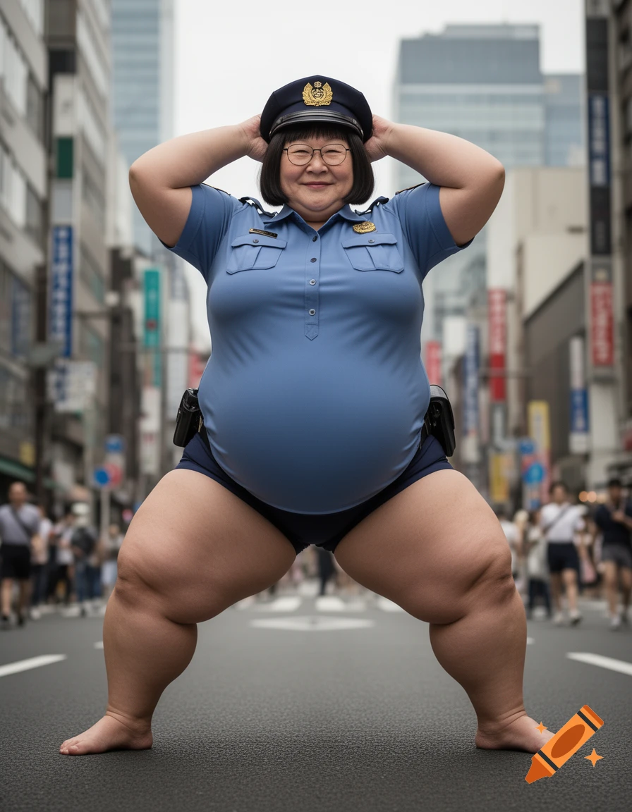 A smiling, heavy-set Japanese woman with a bob haircut and glasses, wearing a blue police uniform, poses barefoot on a city street, hands behind her head.