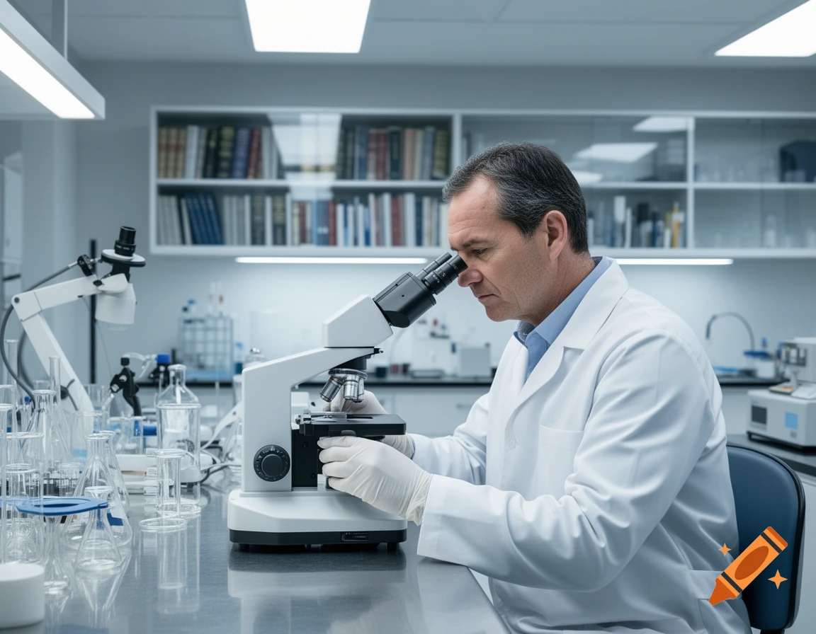 Photorealistic image of a male scientist in a lab coat looking through a microscope in a modern laboratory.
