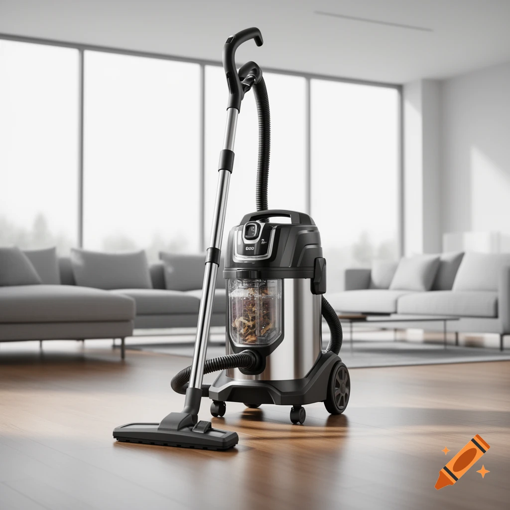 A photorealistic image of a wet/dry vacuum cleaner in a modern living room with large windows and gray sofas.