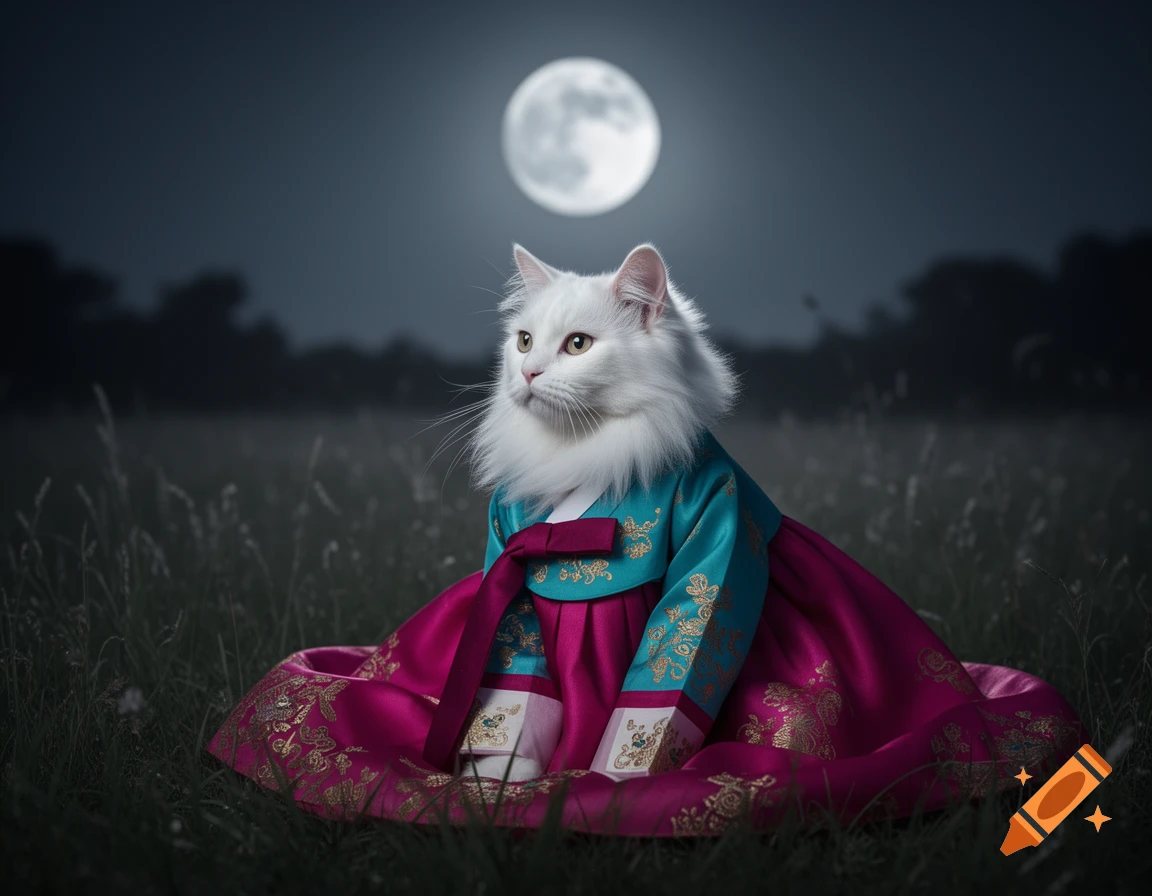 Fluffy white cat in a pink and teal Hanbok sitting in a grassy field under a full moon at night.
