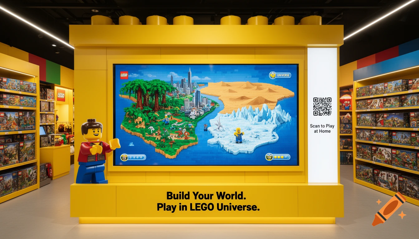 A bright yellow LEGO store display with a large screen showing a LEGO Universe map, a LEGO minifigure statue, and shelves of LEGO sets.