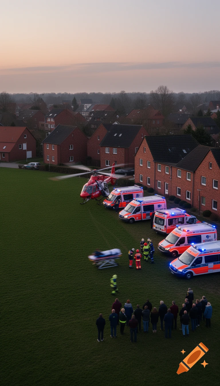 Aerial view of a red helicopter and several ambulances on a green field next to houses, with emergency personnel and onlookers gathered around a stretcher.