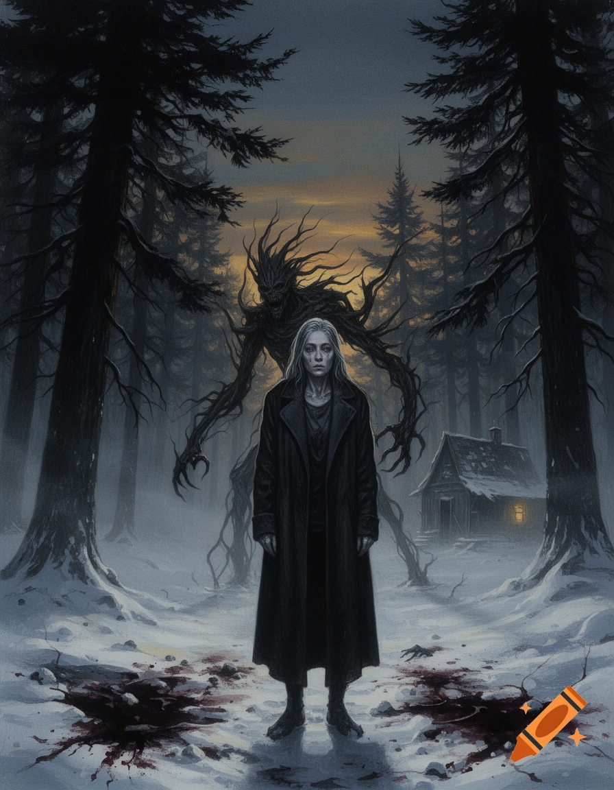 A horror illustration of a pale woman in a long coat standing in a snowy forest with bloodstains, a shadowy Wendigo creature, and a cabin.