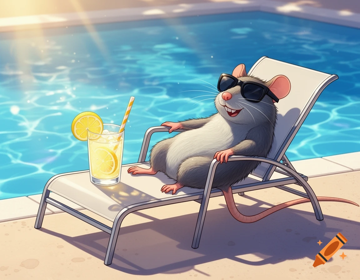 A cheerful cartoon rat wearing sunglasses lounges on a pool chair with lemonade by a sparkling blue pool on a sunny day.
