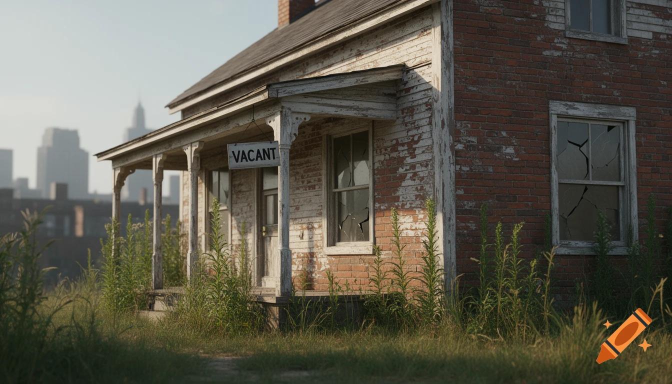 A photorealistic abandoned house with weathered brick, peeling paint, cracked windows, an overgrown yard, and a "Vacant" sign. Distant city buildings.