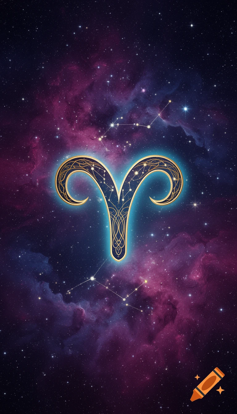A stylized golden Aries zodiac symbol glowing with a blue aura against a vibrant purple and blue nebula with stars and constellations.