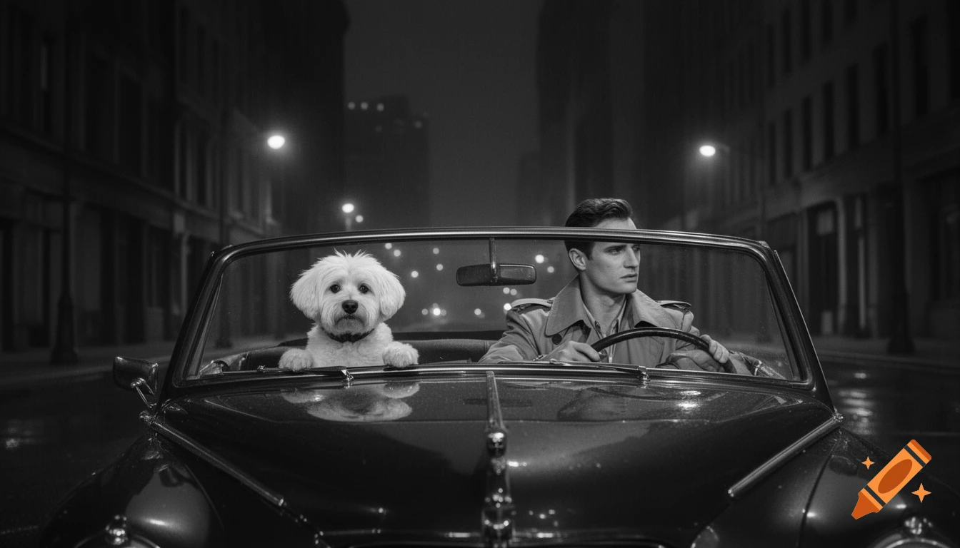 A black and white film noir of a man driving a convertible with a white fluffy dog in the passenger seat on a dark city street.