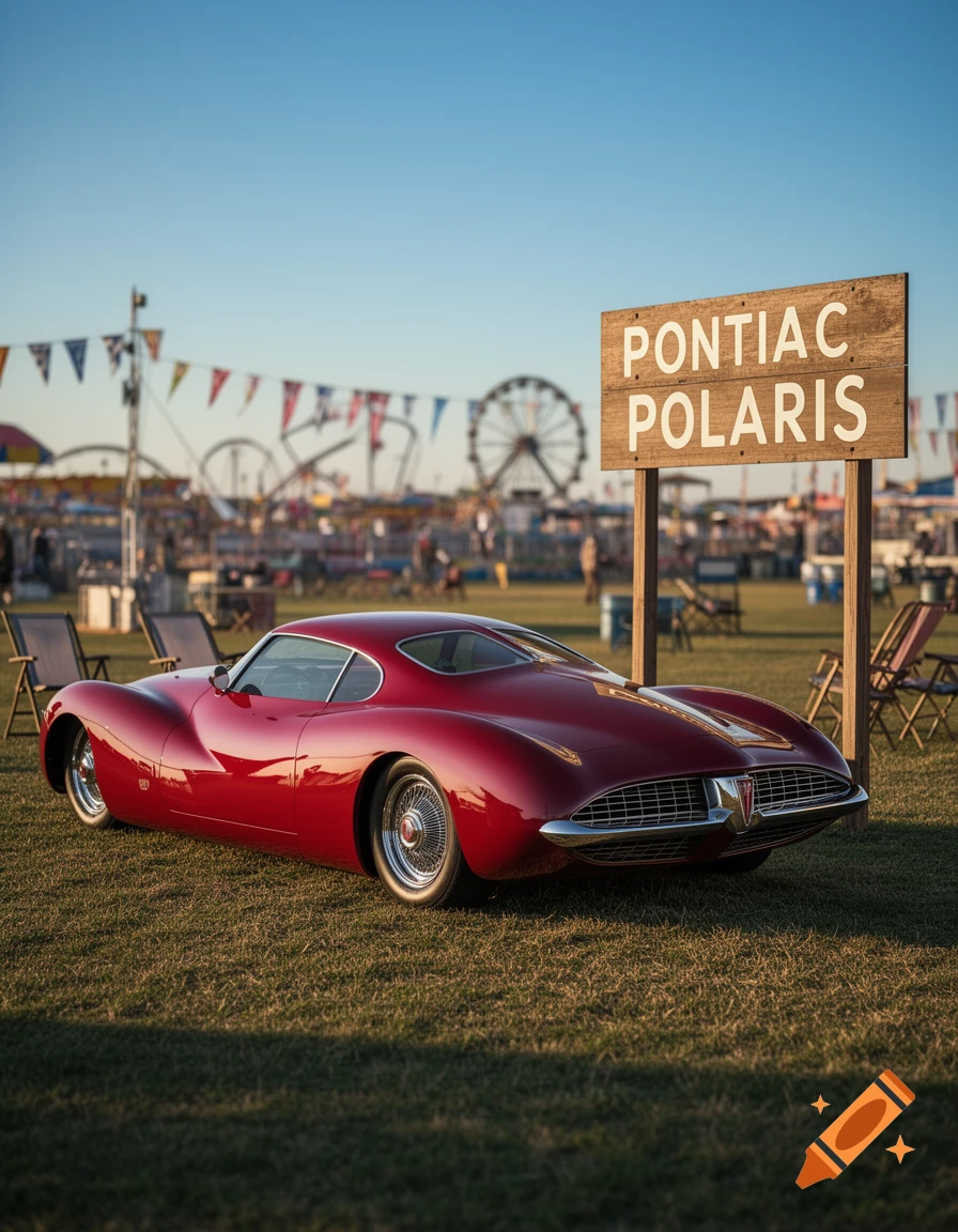 A sleek red vintage concept car, identified as a Pontiac Polaris, is parked on green grass at a fairground under a clear blue sky.