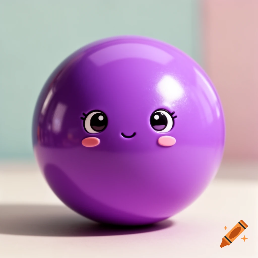 A shiny purple spherical toy with a cute, smiling face and pink cheeks, on a soft pastel background.