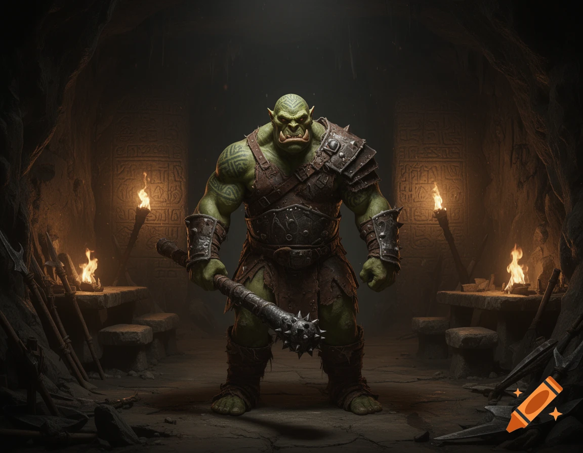 A muscular, green-skinned orc in leather and metal armor, holding a spiked mace, stands in a torchlit stone dungeon.