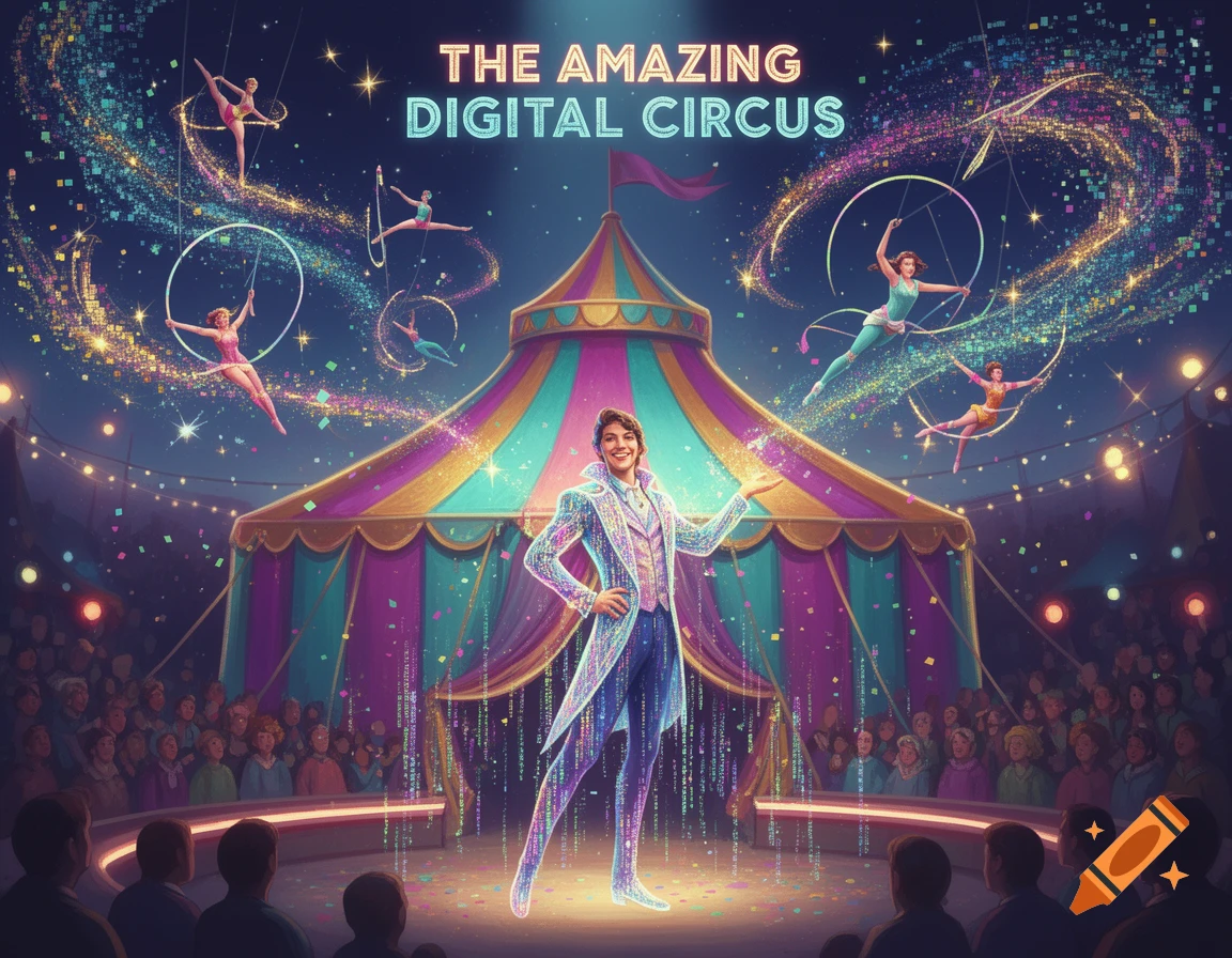 A vibrant digital circus scene with a ringmaster, aerialists, a big top tent, and an audience, all glowing with pixelated, colorful light.