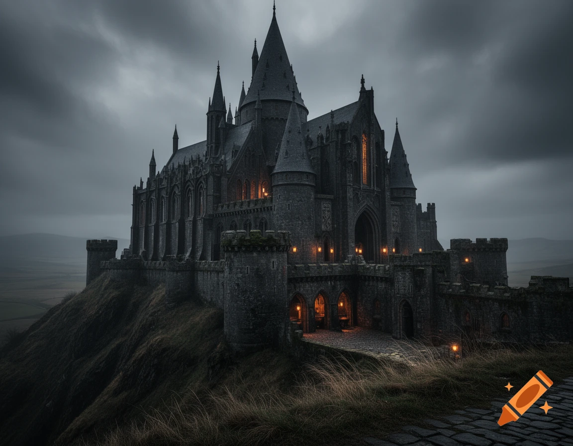 A large, imposing dark fantasy castle with spires and glowing windows sits atop a rugged hilltop under a dramatic, cloudy sky.