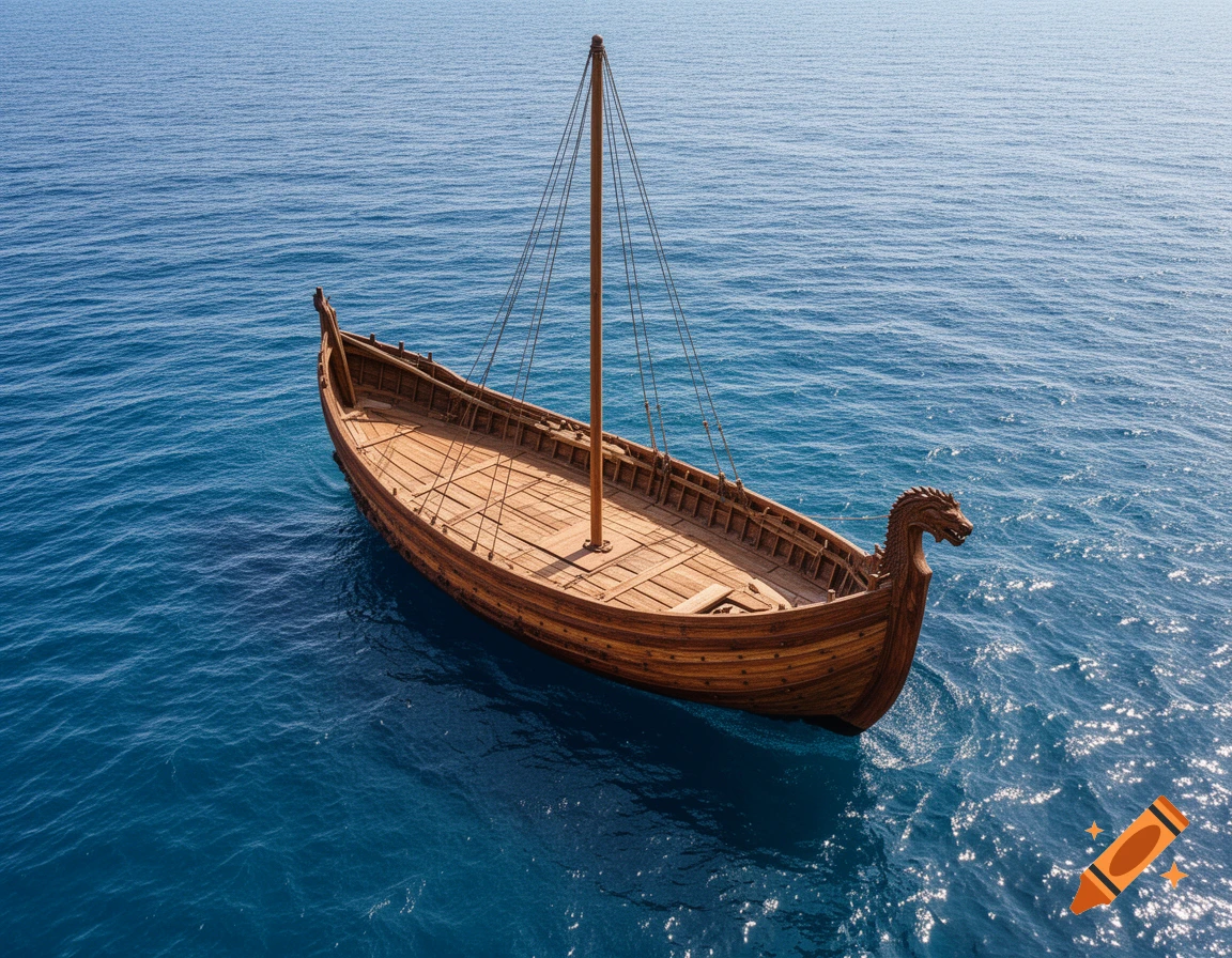 A photorealistic wooden ship with a dragon-head prow floats on calm blue ocean water, seen from above.