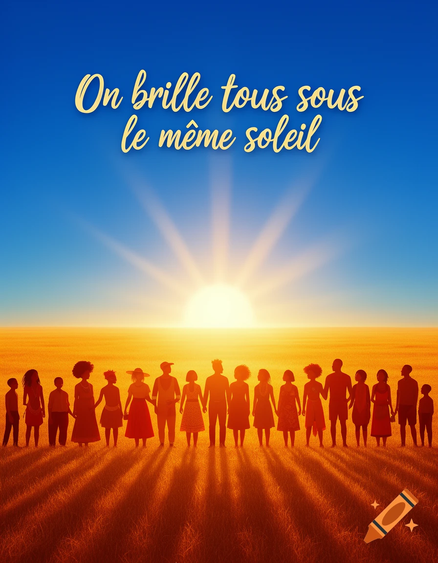 Silhouettes of diverse people holding hands at sunset, with text 'On brille tous sous le même soleil'.
