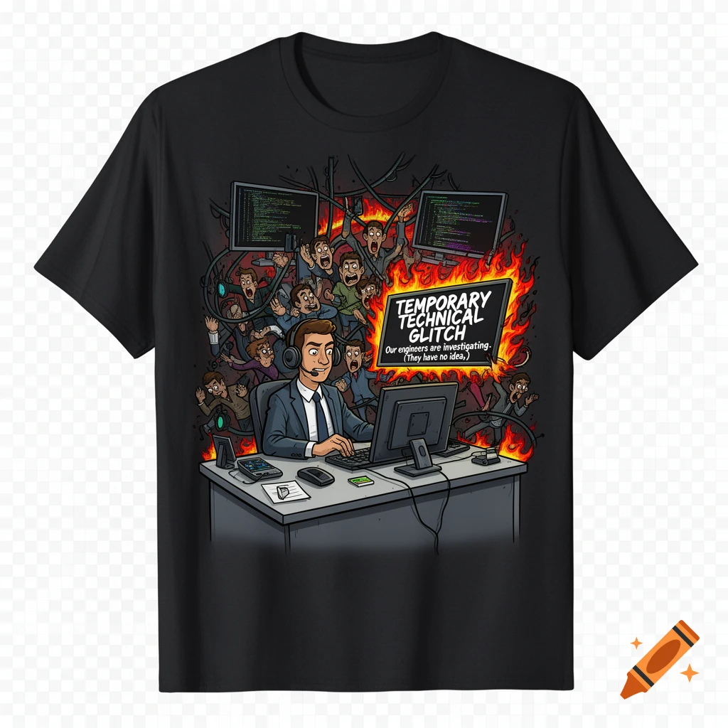 Cartoon of a calm tech support agent at a desk, surrounded by chaotic, panicking developers, glitchy screens, and fire, with 'TEMPORARY TECHNICAL GLITCH' text.