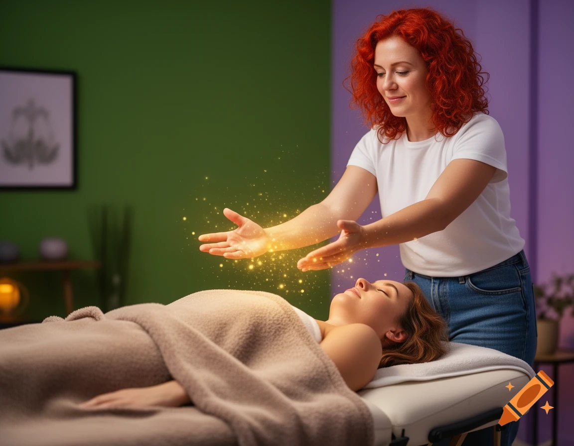 A red-haired energy healer with glowing hands hovers over a relaxed person lying on a massage table in a zen room.