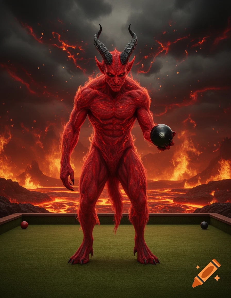 A red devil with horns holds a black bowling ball on a green lawn court, with a fiery hellscape and dark sky in the background, photorealistic.
