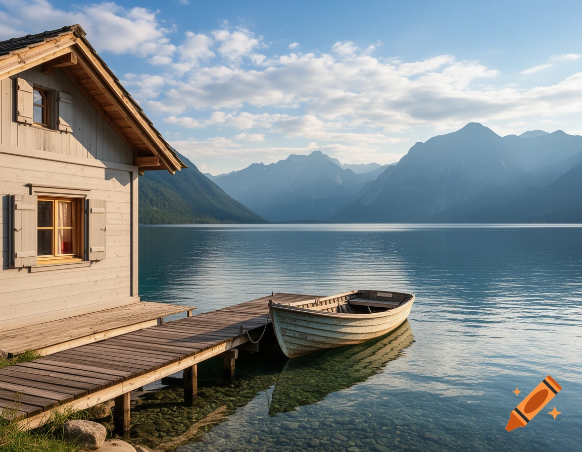 A photorealistic image of a wooden boathouse and dock with a small boat on a clear lake, surrounded by mountains under a partly cloudy sky.