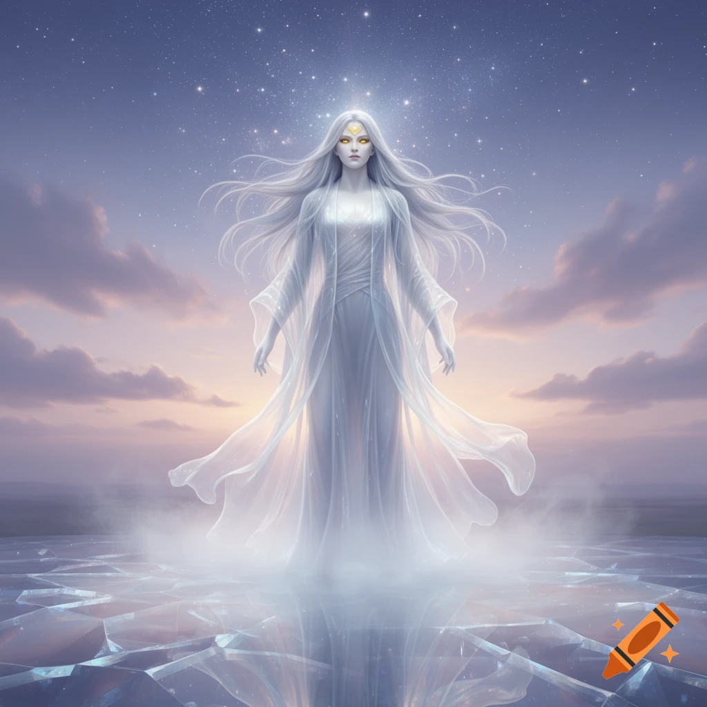 Ethereal white-haired woman with glowing eyes in a translucent gown stands on a crystalline surface under a starry twilight sky, fantasy art.
