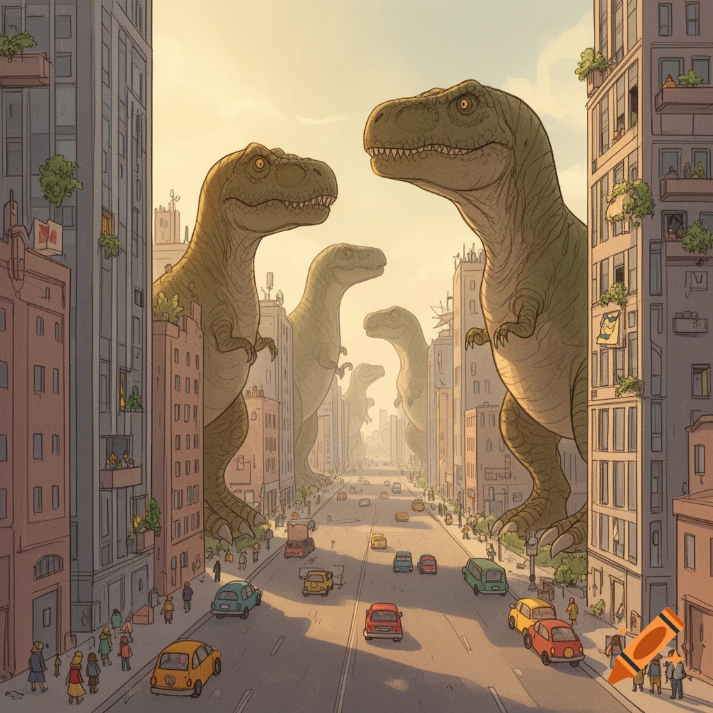 Stylized illustration of giant dinosaurs walking down a city street, dwarfing cars and people, with a clear sky.