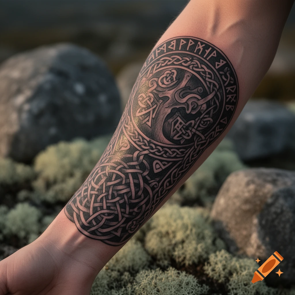 Close-up of a forearm displaying a detailed Norse-style tattoo with knotwork, an animal head, and runic script, set against a blurred background of rocks and moss.