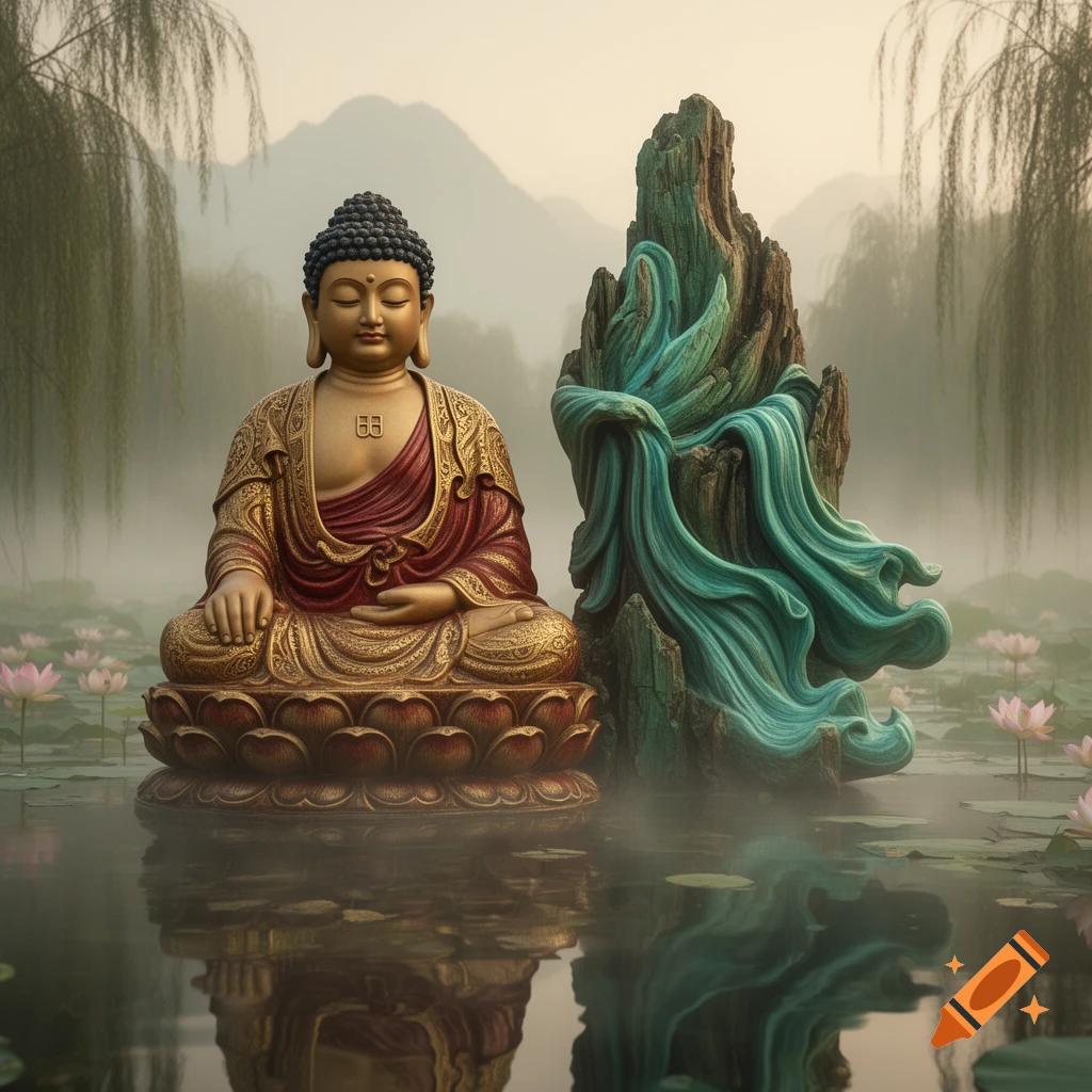 A golden Buddha statue and a flowing turquoise abstract sculpture sit on lotus pads in a misty pond with mountains.