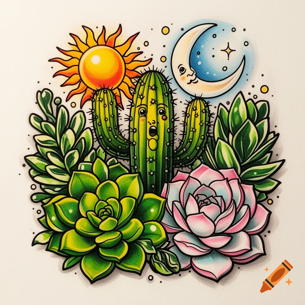 Vibrant new school tattoo illustration of a surprised cartoon cactus, green succulents, a pink succulent, a sun, and a crescent moon.