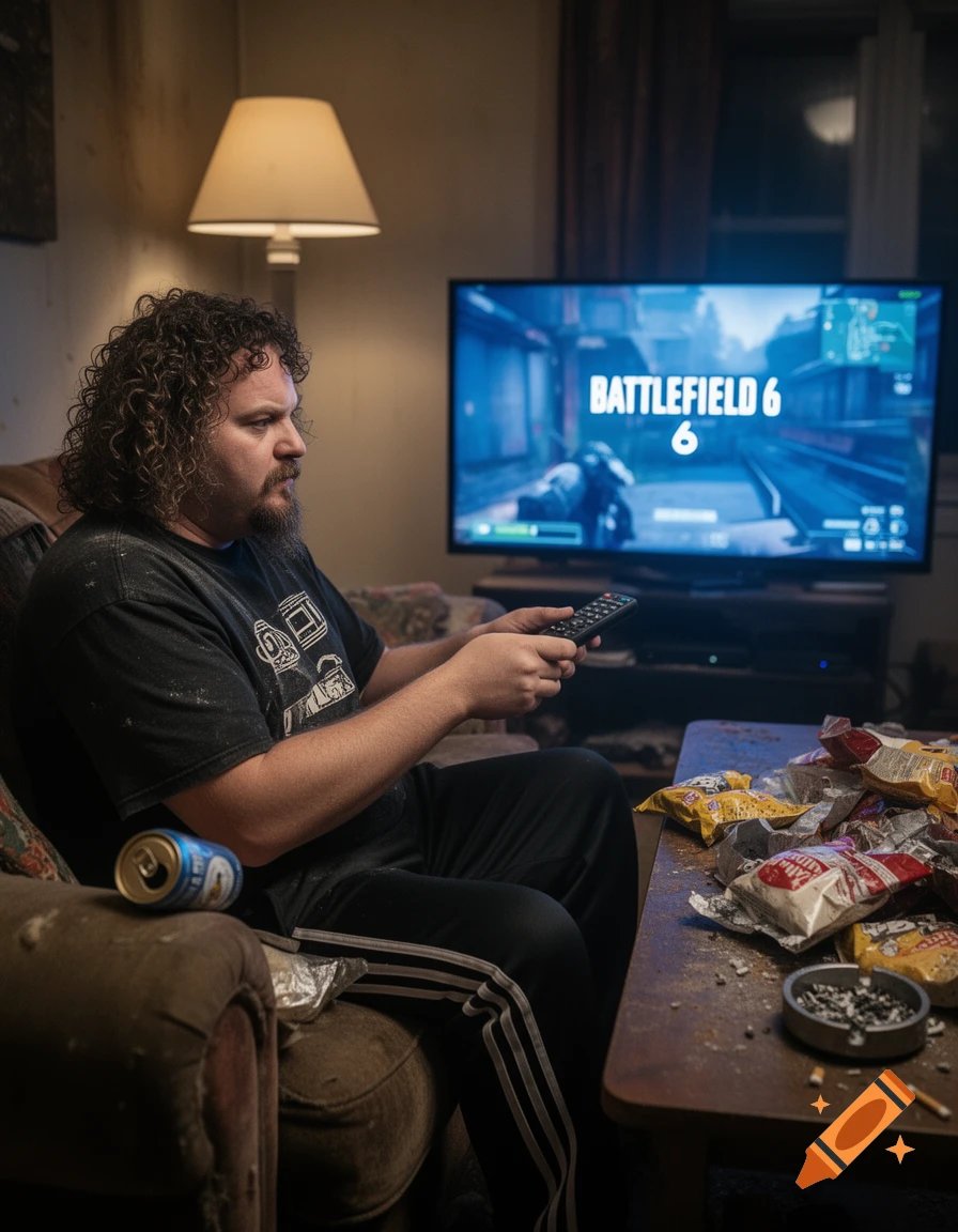A man with curly hair and a beard sits in a messy living room, playing "Battlefield 6" on a TV, surrounded by snack bags and an ashtray.