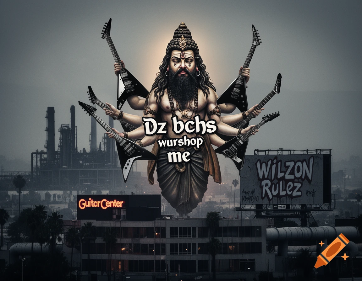 A multi-armed heavy metal deity with a beard and piercings, holding Flying V guitars, levitates over a city with an industrial background.