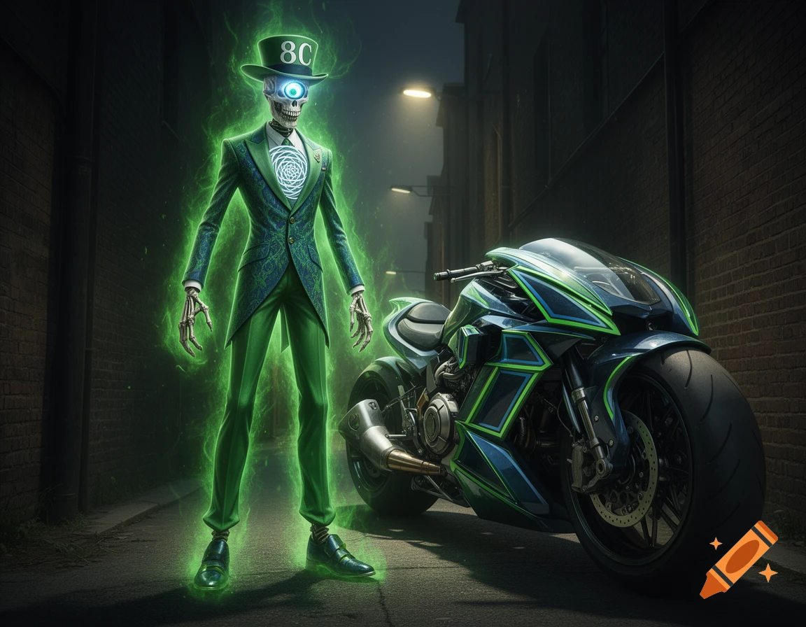 A glowing green skeleton in a green and blue suit and top hat with '8C' stands next to a blue and green futuristic motorcycle in a dark alley.