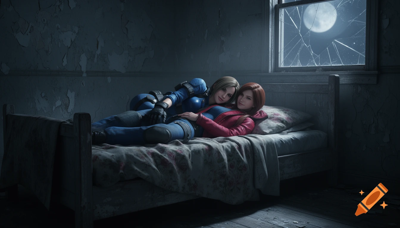 Jill Valentine and Claire Redfield, in a photorealistic 3D render, lie embracing on a bed in a dimly lit, dilapidated room, illuminated by a full moon visible through a broken window.