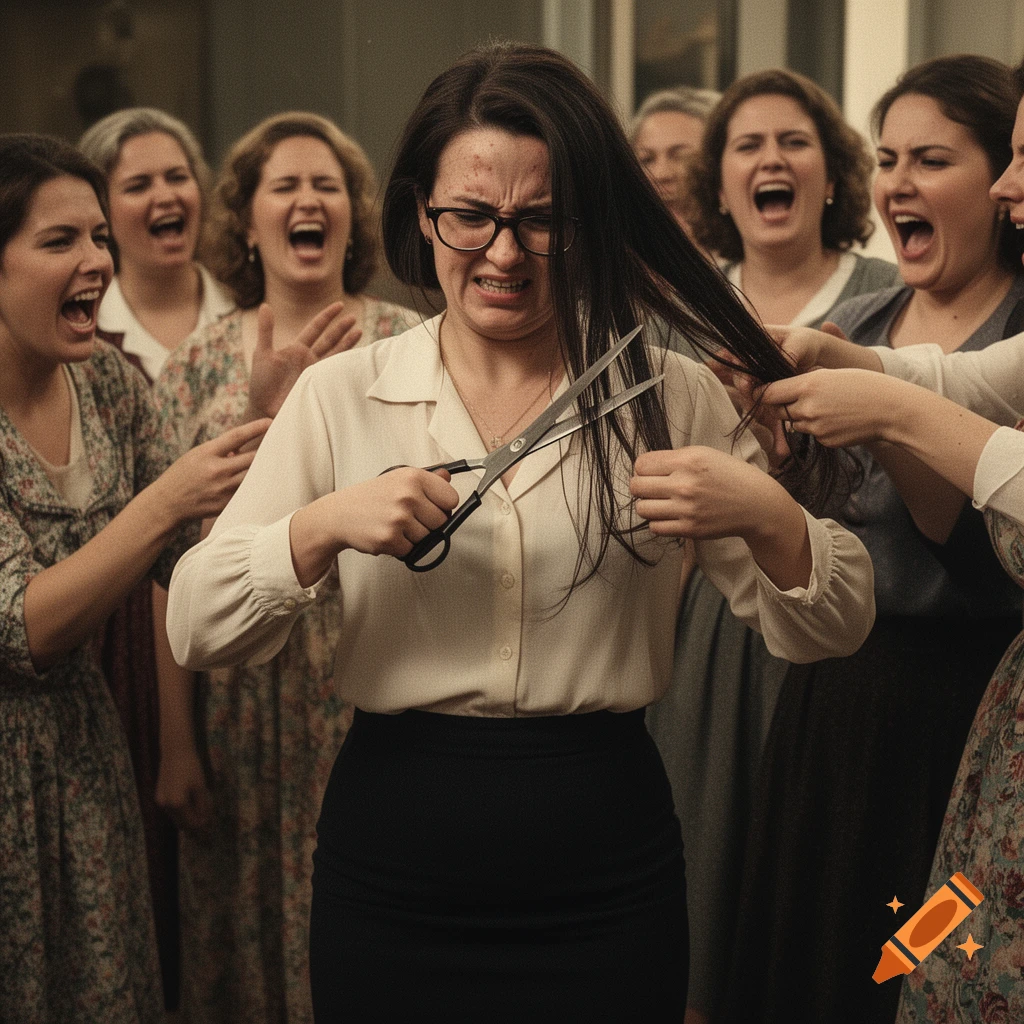 A woman in glasses grimaces while cutting her hair with scissors, surrounded by other shouting women in a grainy, period drama style.
