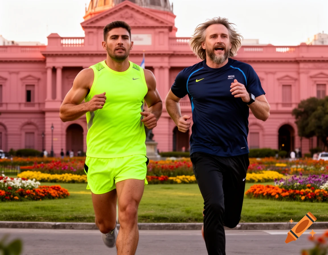 Two men running on a street in front of the pink Casa Rosada presidential palace in Buenos Aires.