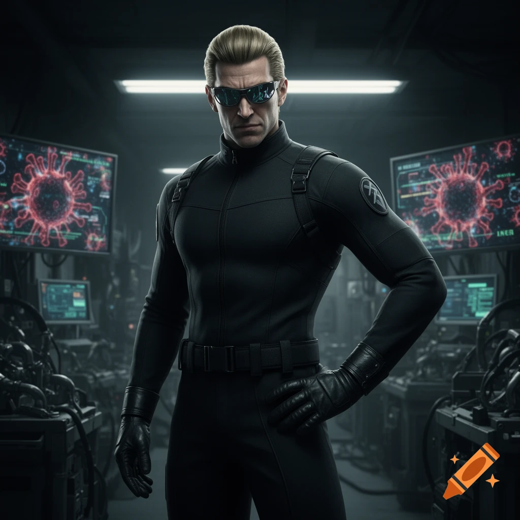 A stern man in a black tactical suit and sunglasses stands in a dark lab, with screens displaying virus cells in the background.