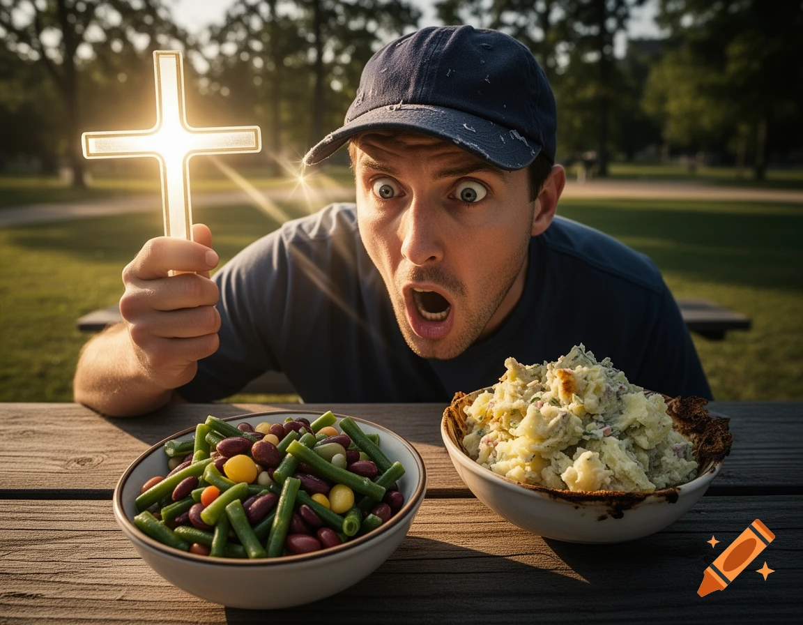 A man in a baseball cap looks terrified while holding a glowing cross toward bowls of three-bean and potato salad on a picnic table.