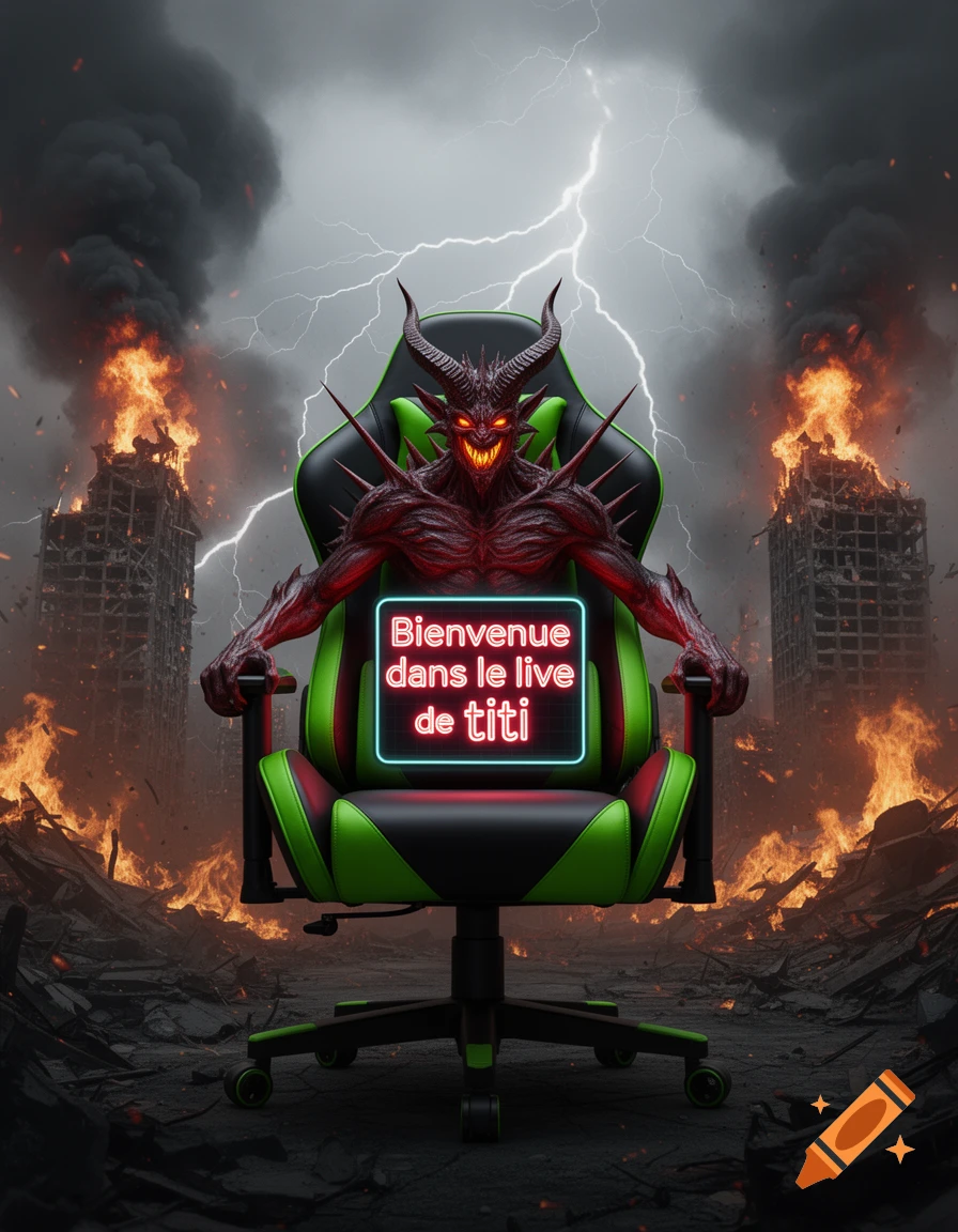 A red demon with horns sits in a gaming chair amidst apocalyptic ruins and lightning, holding a neon sign reading 'Bienvenue dans le live de titi'.