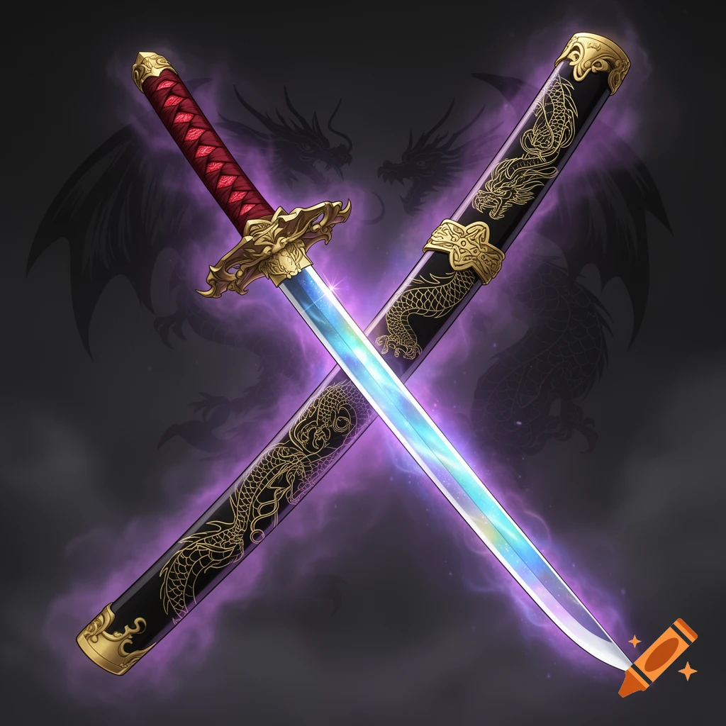 A stylized katana and its sheath crossed, featuring golden dragon motifs, an iridescent blade, and a purple glow.