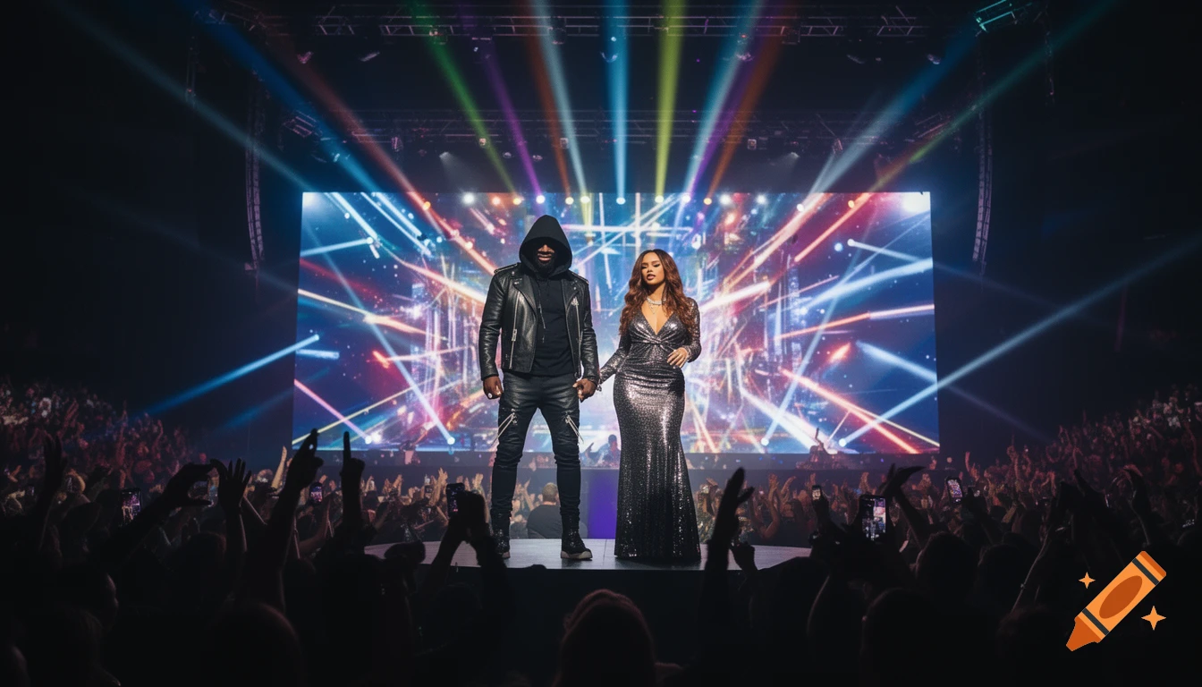 A man in a leather jacket and a woman in a sequined gown stand on a brightly lit concert stage before a large crowd.