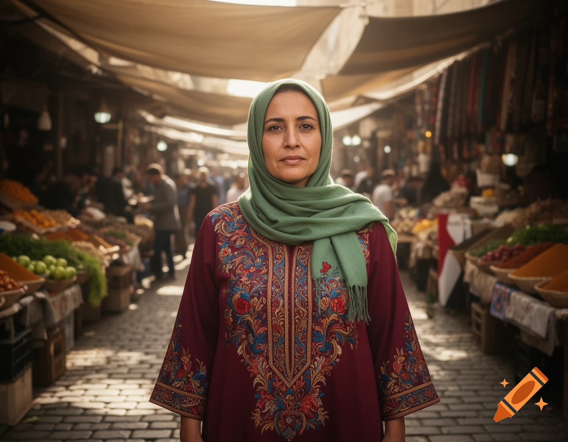 Photorealistic portrait of a woman in a green headscarf and embroidered burgundy dress standing in a bustling outdoor market.