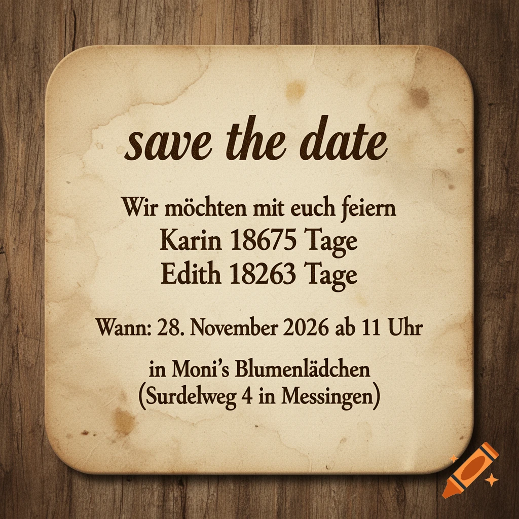 A vintage, stained paper invitation card reading 'save the date' and German event details, set on a wooden surface.