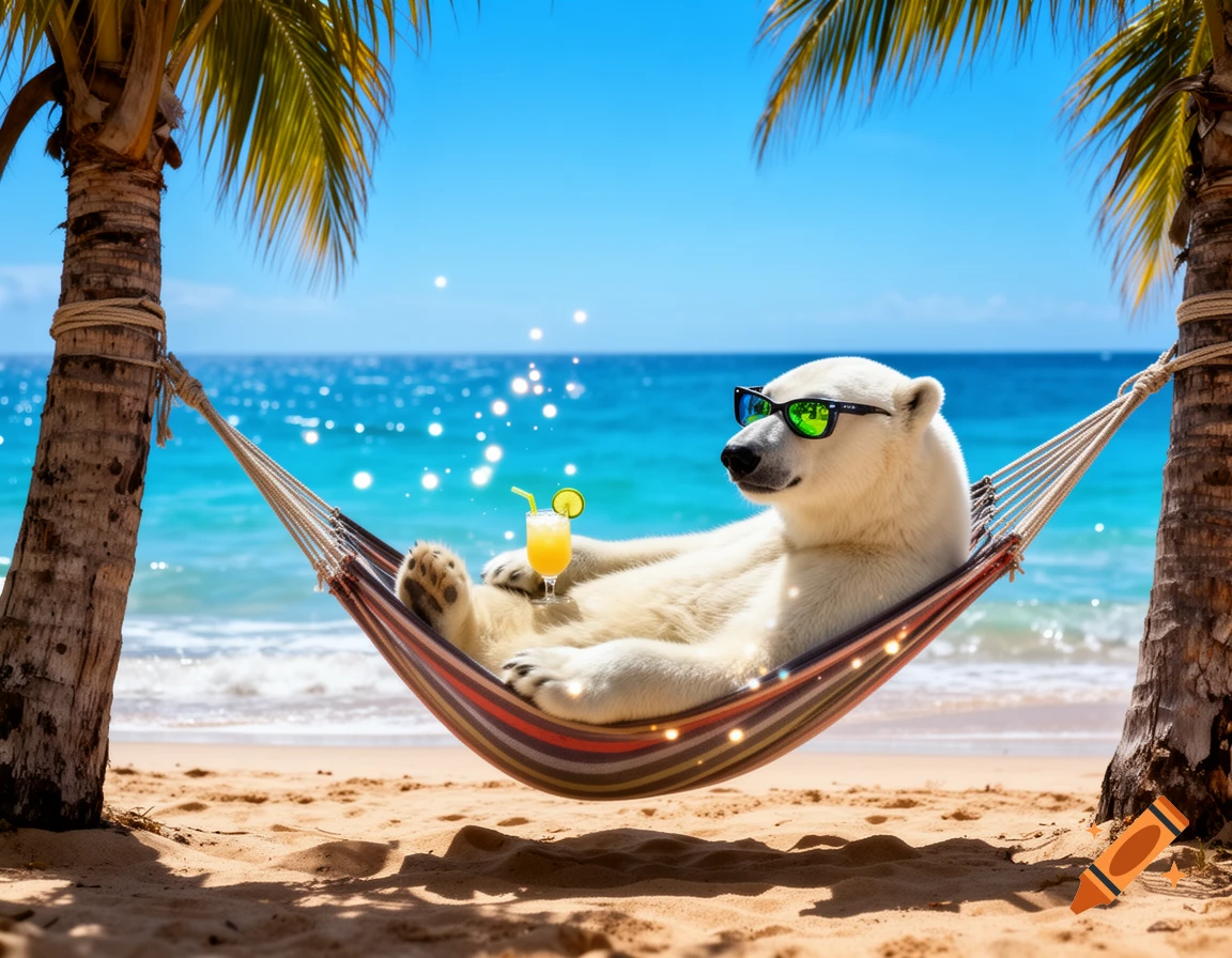 A photorealistic polar bear in green sunglasses relaxes in a striped hammock between palm trees on a sunny beach, holding a cocktail.