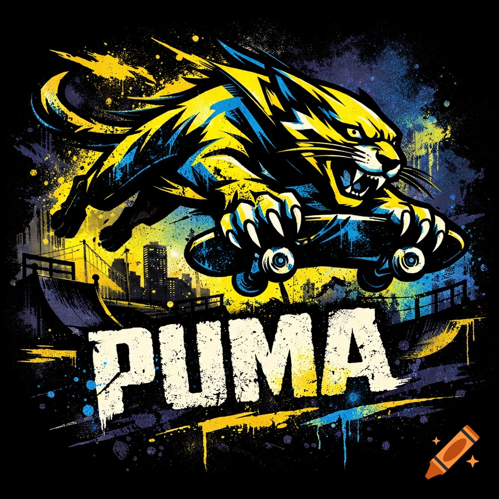 Stylized blue and yellow puma leaping with a skateboard over a city in a grunge graphic style, with the word PUMA.