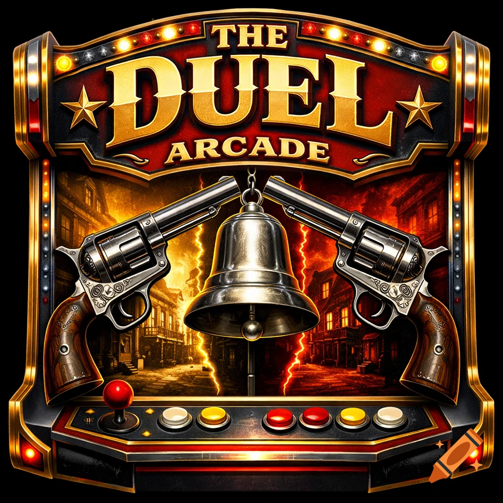 A vibrant arcade game logo titled "THE DUEL ARCADE" with gold text, featuring two revolvers, a bell, and a western town scene.